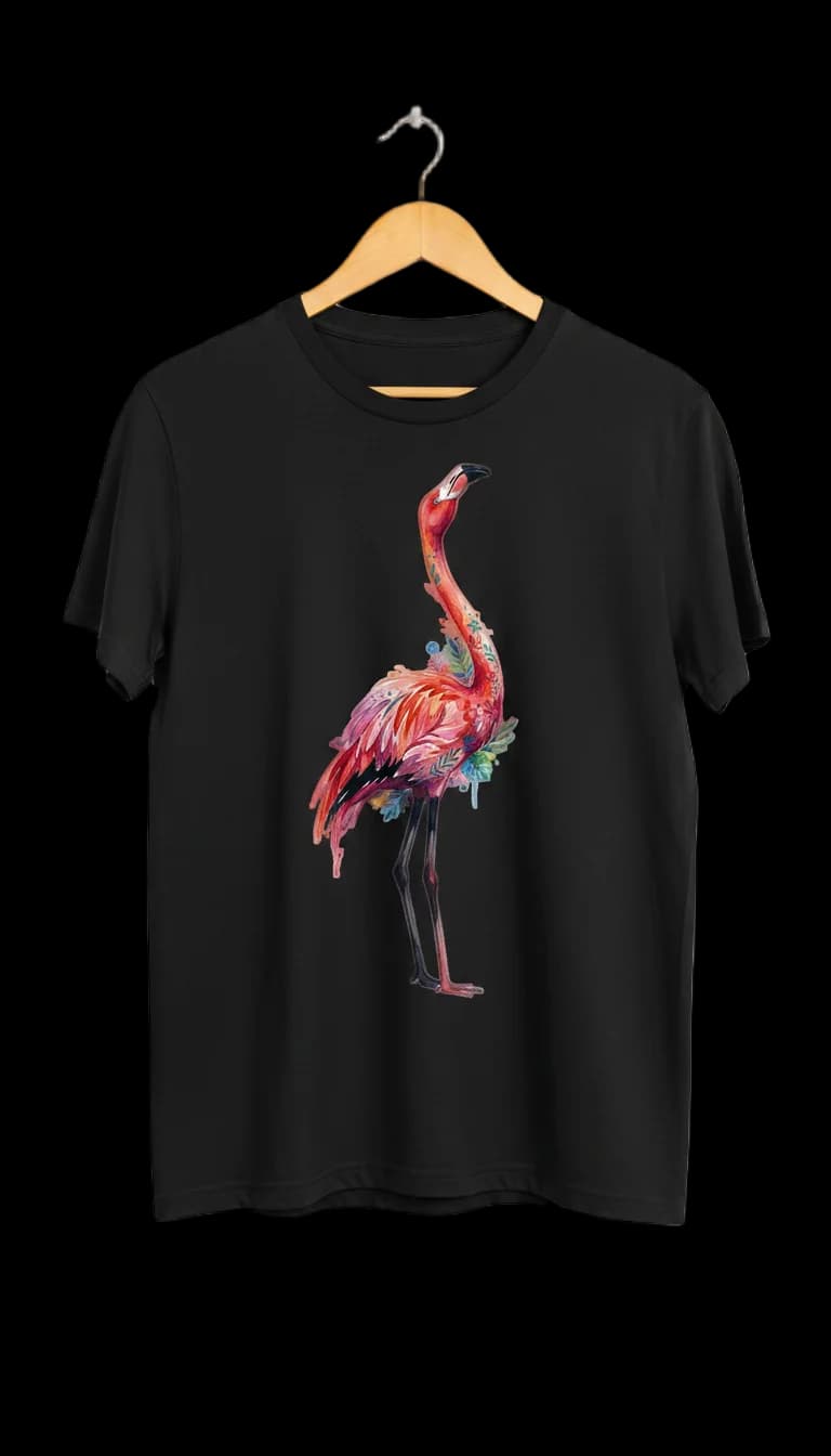 suluboya flamingo tasarımı siyah tişört üzerinde — vayzz ürün önizleme